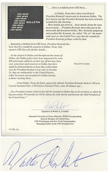 Walter Cronkite Signed CBS News Bulletin Announcing President John F. Kennedy's Assassination